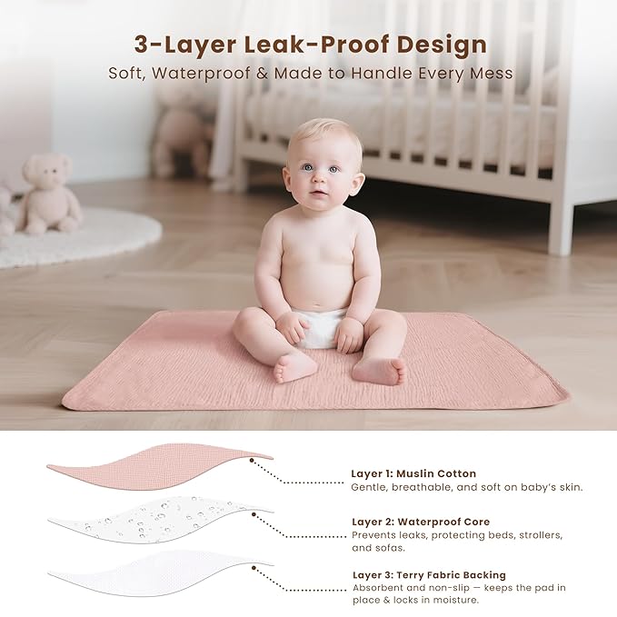 Konssy 2 Pack Waterproof Muslin Cotton Portable Changing Pad 30"x 17", Soft & Foldable Baby Changing Mat Travel Pad with Terry Backing, Shower Gift for Newborn Girls Boys (Pink,Blossom)
