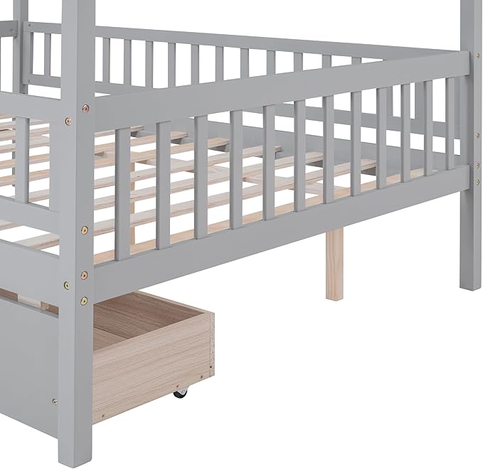 Full House Bed with 2 Storage Drawers, Kids Full Bed Frame with Rails and Roof, Tent Bed, Wooden Full Daybed, Full Montessori Bed for Kids Teens Girls & Boys, No Box Spring Needed (Gray)
