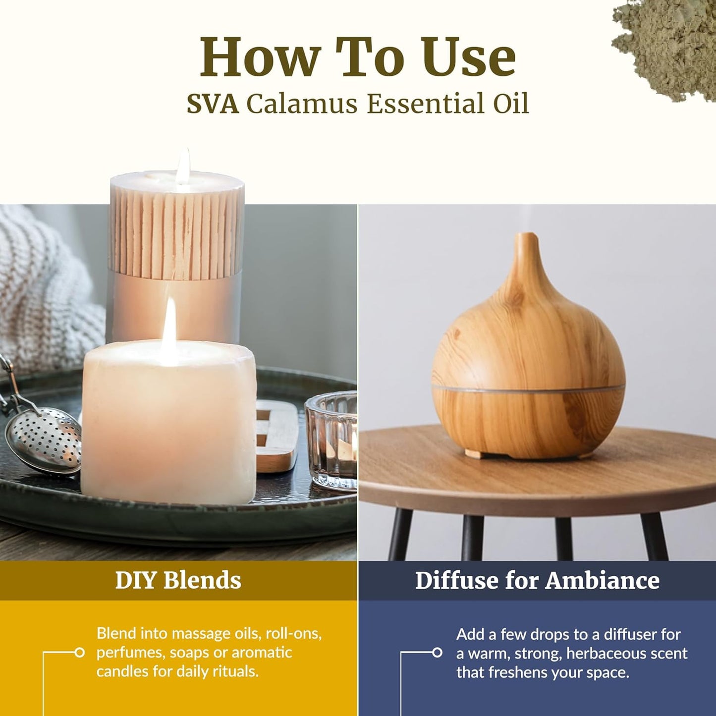 SVA Calamus Essential Oil – 1 Fl Oz – 100% Natural Calamus Oil - for Diffuser, Hair Care, Face, Skin Care, Aromatherapy, Scalp and Body Massage, Soap and Candle Making – with Dropper