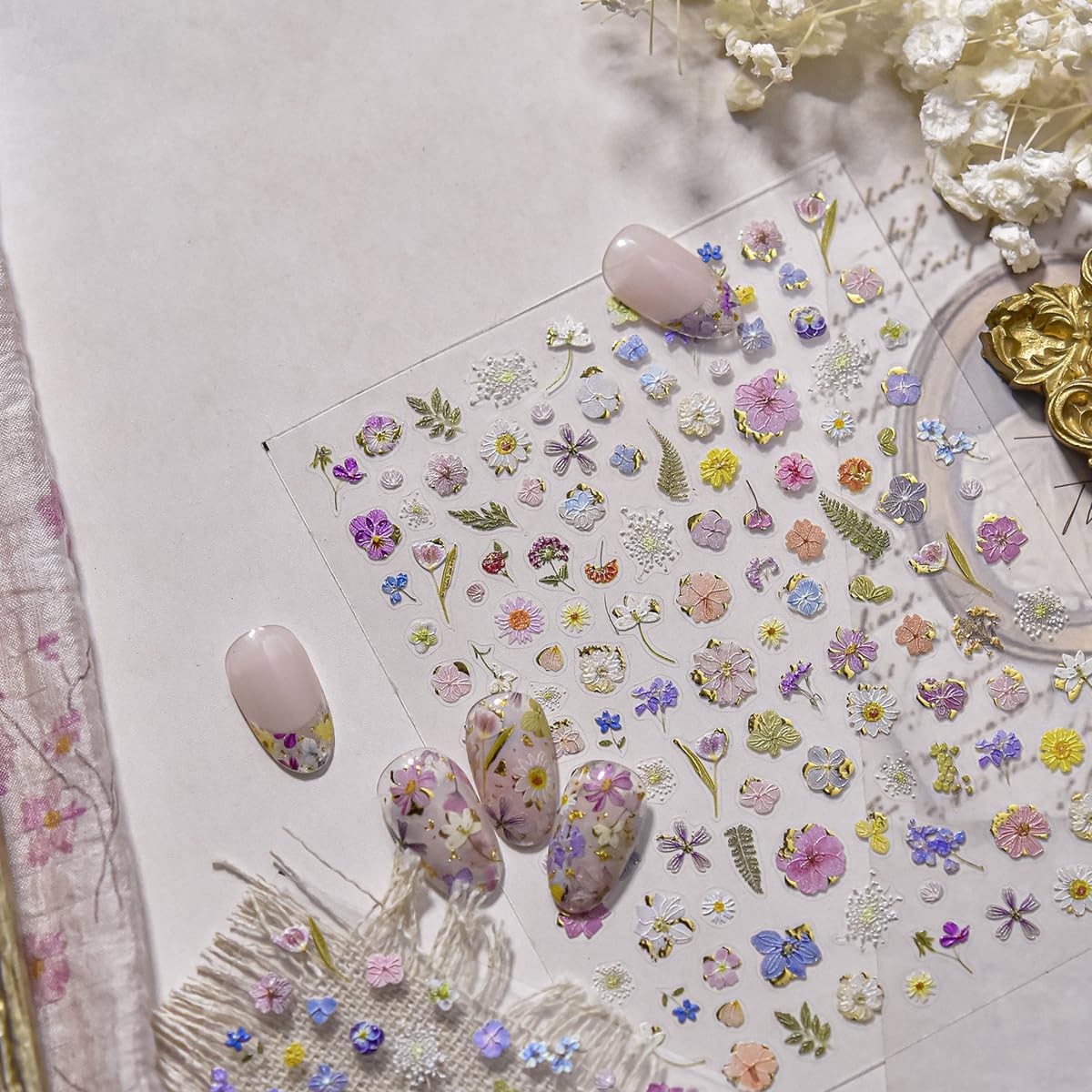 Flower Nail Stickers for Nail Art Floral Nail Decals with Gold Accent,Mini Flower Stickers for Nails Design 3D Self Adhesive Nail Supplies & Decorations for Women Girls,1 Sheet DIY Manicure Decor