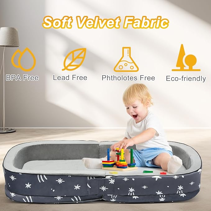 Lvimilio Portable Toddler Travel Bed, Foldable Kids Floor Bed for Home/Travel with Foam Mattres, Toddler Cot for Kids Aged 1-4, Velvet Fabric