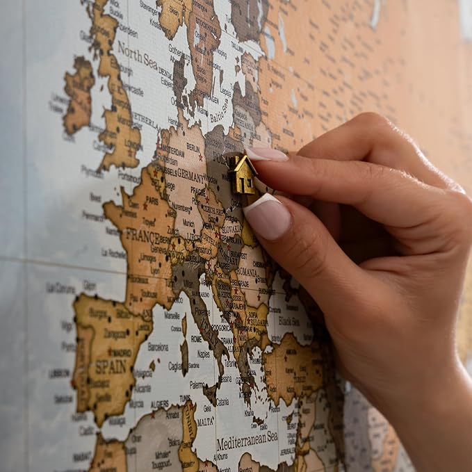 Canvas World Map with Cork Pin Board - English Lettering - Decorative Wall Decoration for All Rooms - Canvas Pictures with World Map Motif (150x100 cm, Pattern 14)