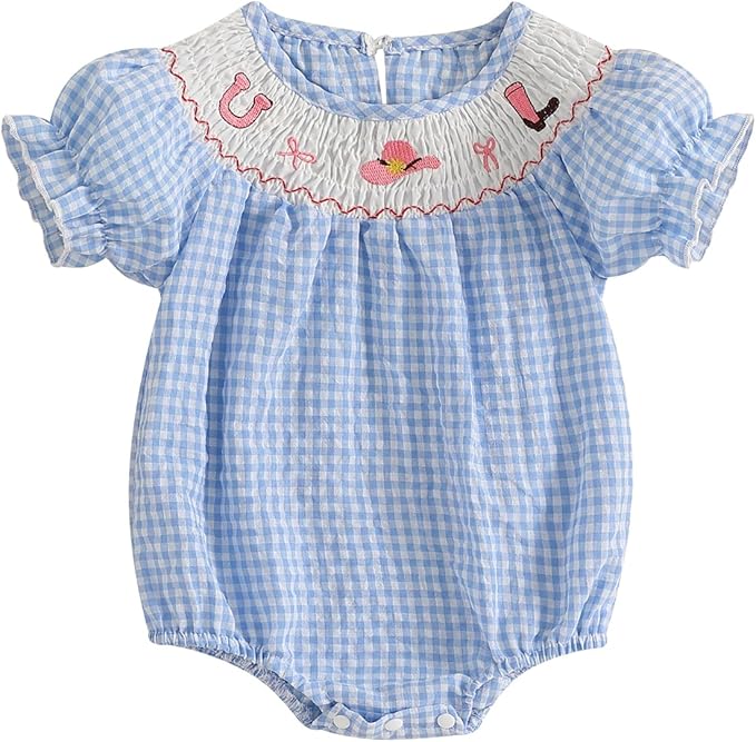 Baby Girl Smocked Western Romper Short Sleeve Bubble Rompers Summer Clothes Plaid Print Embroidery Bow Bodysuit Tops