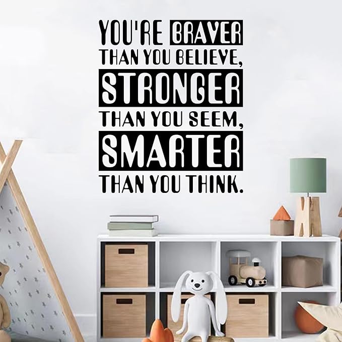 Kids Quotes Wall Decals for Nursery: Baby Inspirational Positive Moon Stars Vinyl Art Wall Stickers - Bedroom Playroom School Wall Decor - You're Braver Than You Believe Stronger 20" X 24"