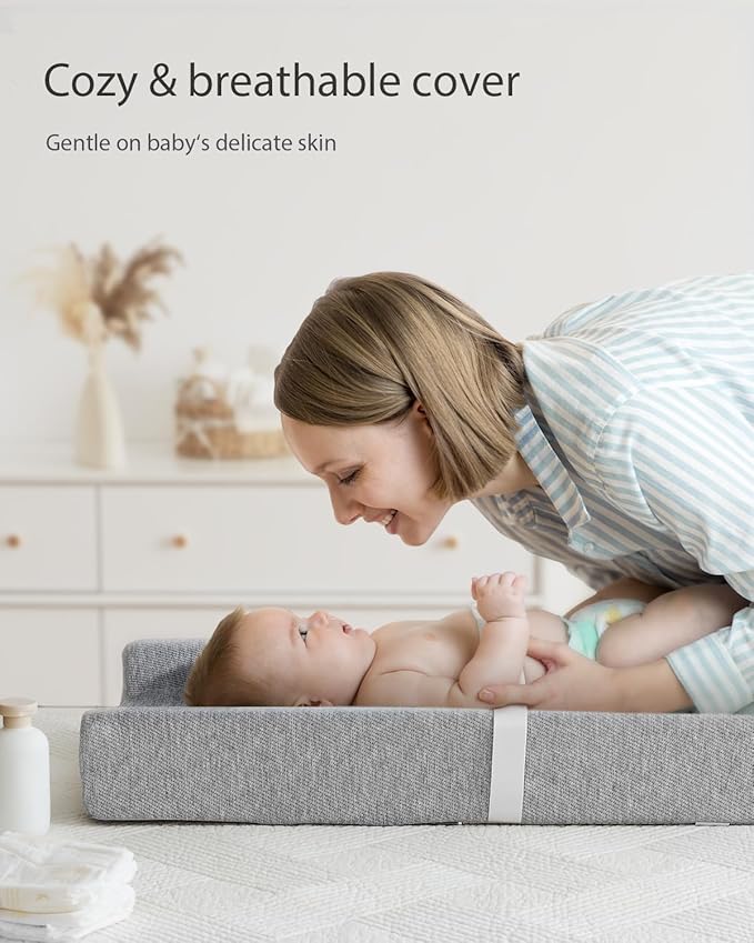 Blissful Diary Baby Changing Pad with Waterproof Lining Foam, Includes a Soft & Washable Cover, Contoured Changing Table Pads for Dresser Top with Non-Slip Bottom, 32”×16” (Grey, Rectangular)