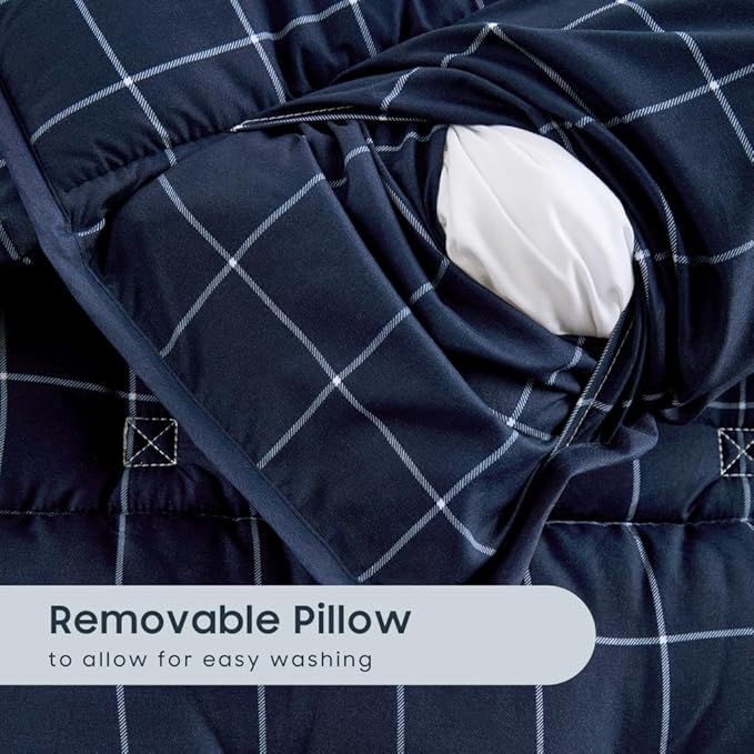 Wake In Cloud - Toddler Nap Mat with Pillow and Blanket, for Kids Boys Ages 3 Plus in Kindergarten Daycare Preschool Pre K, Roll Up Sleeping Bag, Gingham Plaid Grid Checkered, Navy White, Standard