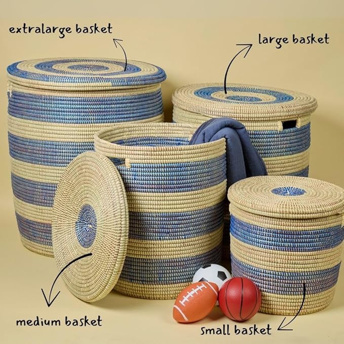 Small Blue Stripes Storage Basket, Organize Living Room, Bedroom, Nursery, Decorative, Wicker, Woven, Round, Handles