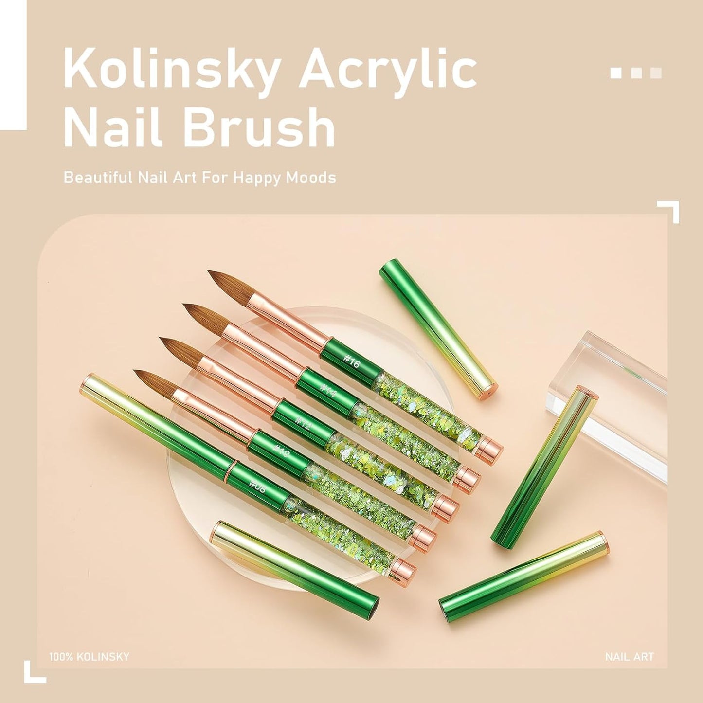 Acrylic Nail Brush Size #08, KEMEISI 100% Pure Kolinsky Nail Art Brushes Sturdy Handle Oval Shaped Acrylic Powder Nail Design Tools for Professional Manicure DIY Home Salon (Green)
