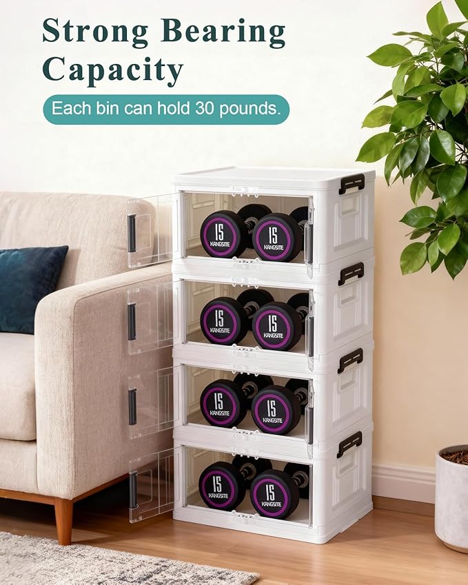 OlarHike 23QT Stackable Storage Bins with Lids - Folding Storage Box with Doors and Wheels, Collapsible Plastic Storage Drawers for Closets, 4 Pack Cubes