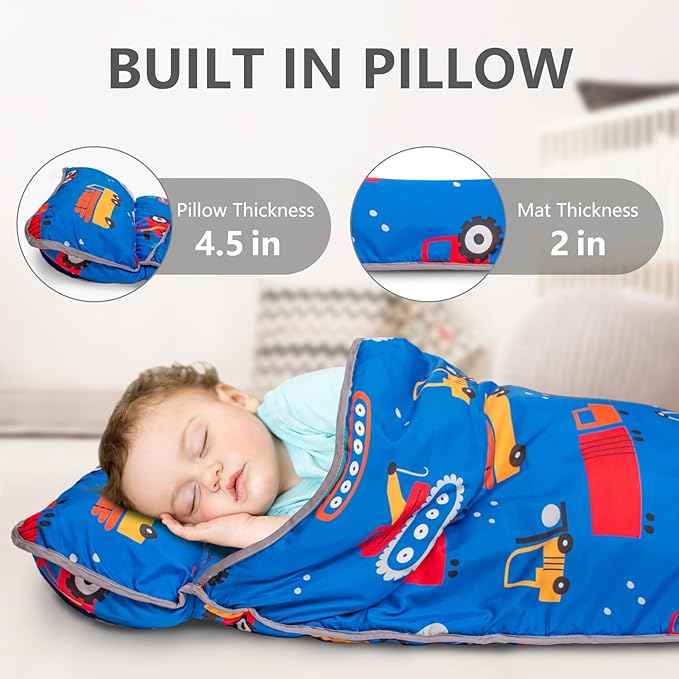 Primlect Thickened Toddler Nap Mat with Removable Pillow and Minky Blanket, Extra Large 55''x35'' Sleeping Bag, Washable, Roll up, Perfect for Daycare, Preschool, Kindergarten, Boys and Girls Blue Car