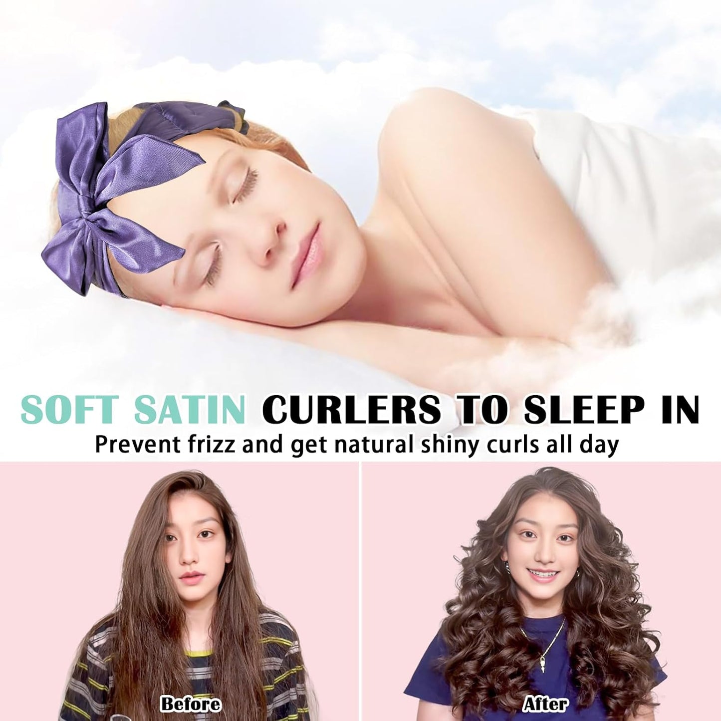 Satin Heatless Curls Overnight Hair Curlers to Sleep In Hair Curler Rollers No Heat Hair Wrap for Curls Headband, 70" Satin Heatless Curling Rod Set for Women Long Waves Hair Volume-Purple 9PCS