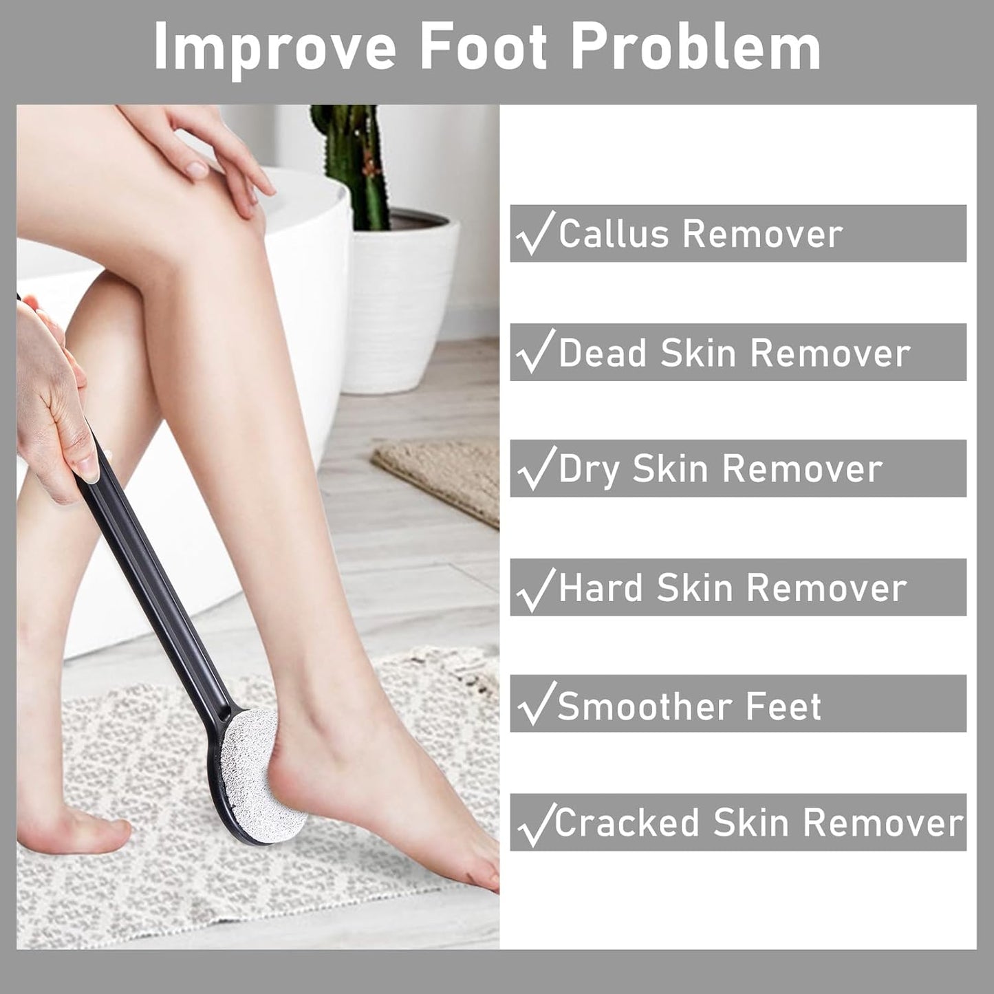 Pumice Stone for Feet with Long Handle (Straight Handle,Black, Count, 1.0)