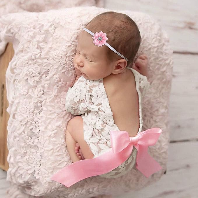 Newborn Girl Photography Outfits, Backless Lace Romper with Flower Headband Photo Props, Baby Girl Photoshoot Outfits