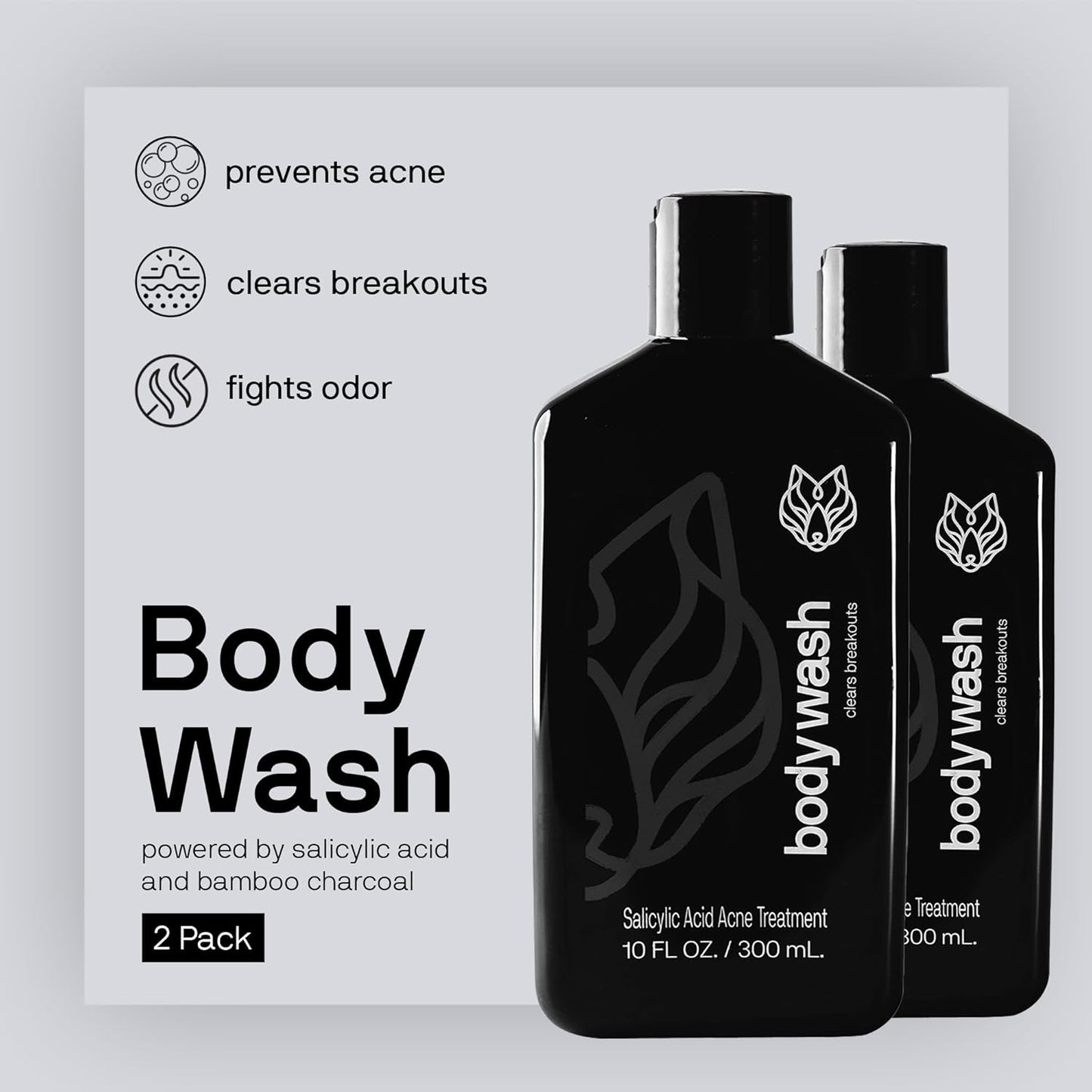 Black Wolf Salicylic Acid Body Wash for Men - 10 Fl Oz, 2-Pack - Men's Acne Body Wash - Charcoal Helps Reduce Acne Breakouts & Cleanse Your Skin - Full Coverage & Deep Clean Treatment - Men's Bodywash
