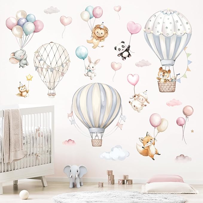 Cartoon Hot Air Balloons Wall Stickers Animals Self Adhesive Non-Toxic Wall Decals for Kids' Bedroom Living Room