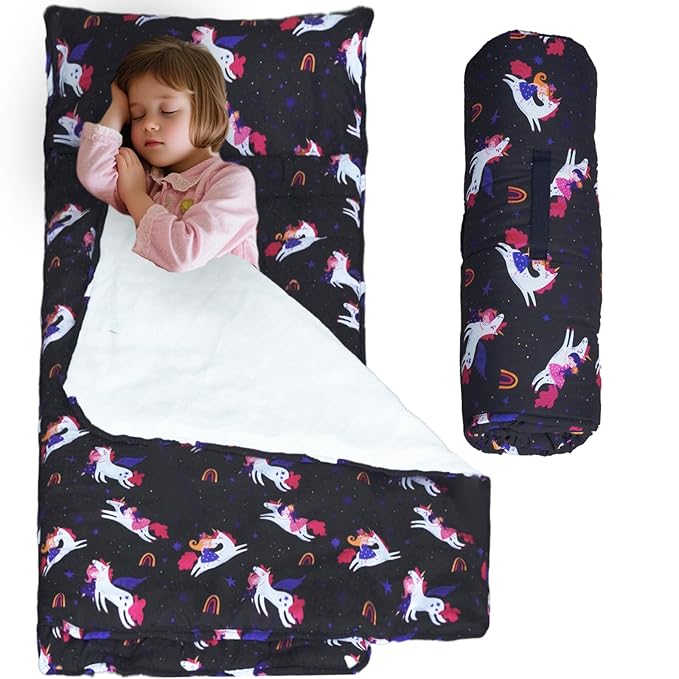 Toddler Nap Mat with Removable Pillow and Blanket, Cot Nap Mats for Daycare Preschool Kindergarten, Roll Up Lightweight Portable Travel Sleeping Bag, Black