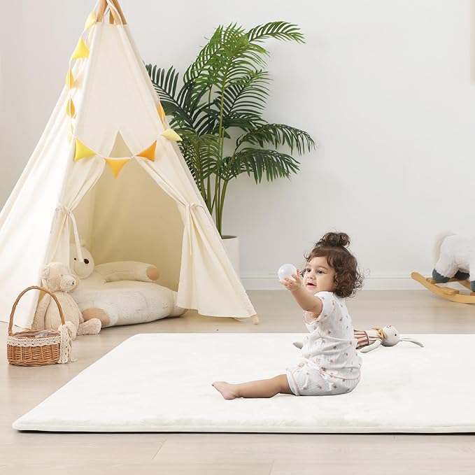 1.5" Thick Baby Play Mat for Floor, 39x59 Playpen Mat, Pro Soft Flannel Foam Mats Toddler Infant Kids Crawling for Nursery Rug Playroom Living Room Waterproof Easy Care Non-Slip (Cream)