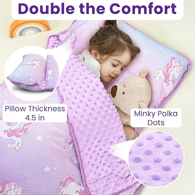 Toddler Nap Mat with Pillow and Minky Blanket, Large 55"x35" Sleeping Bag, Washable, Lightweight, Easy to Roll, Perfect for Preschool, Daycare, Kindergarten, Travel, Boys and Girls