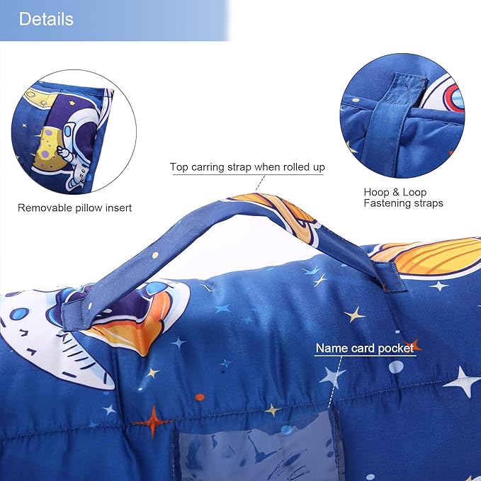 Toddler Nap Mat with Removable Pillow and Minky Blanket,Soft Rolled Napping Mats for Boys and Girls,Lightweight Daycare,Preschool,Travel Toddler Sleeping Slumber Bags -50"×20”(Space)