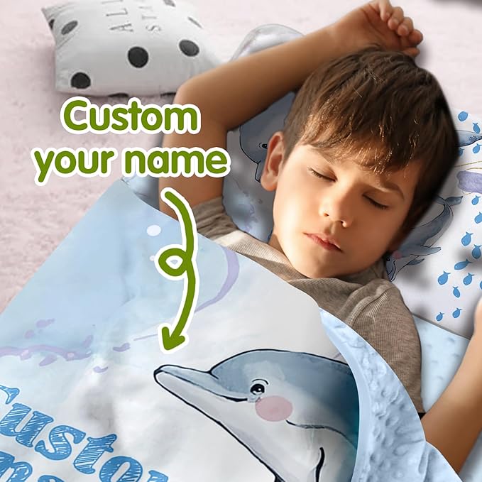 Personalized Toddler Nap Mats for Preschool, Custom Name Kids Sleeping Bag for Daycare, Roll Up Sleeping Mat with Removable Pillow and Soft Dot Minky Blanke for Boys Camping Travel