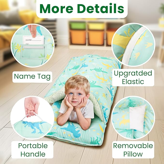Toddler Nap Mat with Pillow and Minky Blanket, Large 55"x35" Sleeping Bag, Washable, Lightweight, Easy to Roll, Perfect for Preschool, Daycare, Kindergarten, Travel, Boys and Girls(Dinosaur)