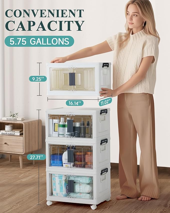 OlarHike 23QT Stackable Storage Bins with Lids - Folding Storage Box with Doors and Wheels, Collapsible Plastic Storage Drawers for Closets, 6 Pack Cubes