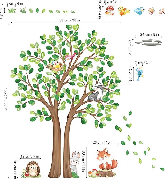 decalmile Woodland Animals Large Forest Tree Wall Decals Fox Rabbit Hedgehog Wall Stickers Baby Nursery Toddler Room Living Room Wall Decor