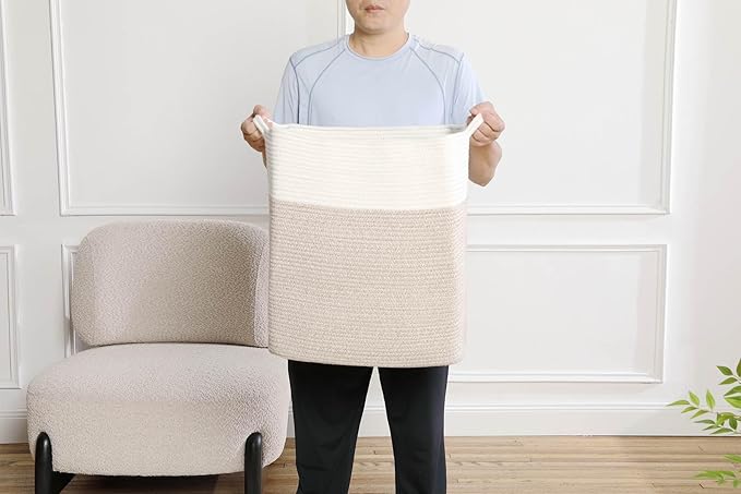 Tall Laundry Basket With Handles,Woven Cotton Rope Big Laundry Hamper Sorters,Versatile Storage for Dirty Clothes,Baby Toys,and Blankets in Bathroom, Nursery,and Living Room (White Brown, 68L)