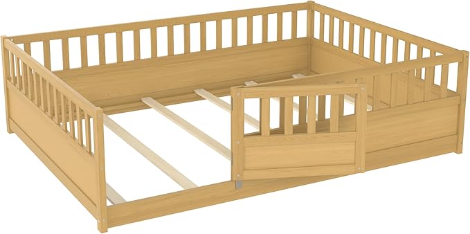 Bellemave Full Floor Bed with Slats, Full Size Floor Beds with High Fence and Door, Montessori Floor Bed Frame, No Box Spring Needed, Easy Assemble Montessori Bed, Natural