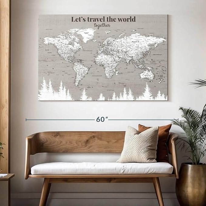 ElephantStock - Let's Travel II Push Pin World Map Wall Art - Horizontal Canvas Wall Art - Living Room Wall Decor - Digital Art Map Canvas Art - Gray And White Decor - 51" x 34"