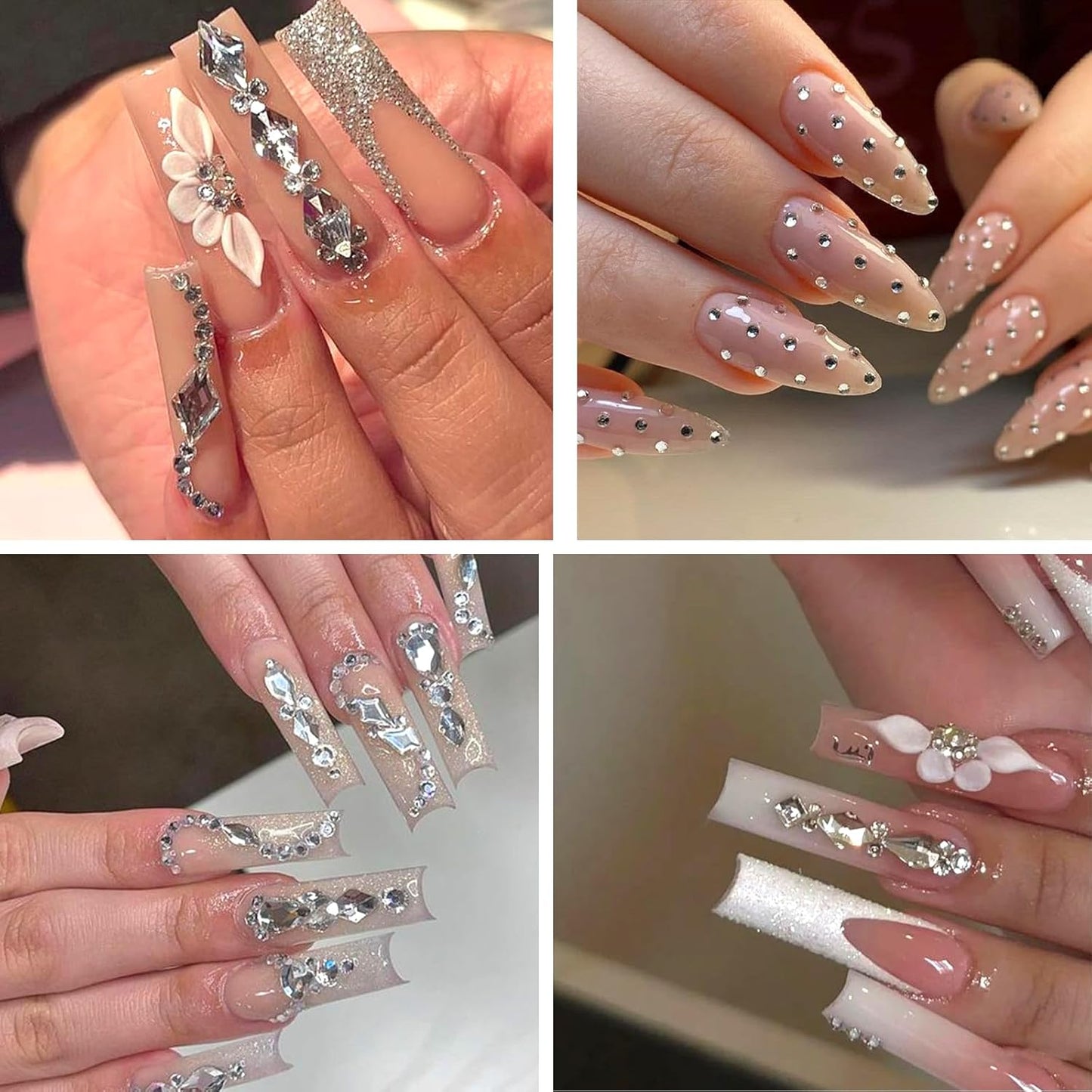 Nail Rhinestones - 3D Multi Shape Size, Flat Back, Manicure Rhinestones Charms, Crystals White Gems, with Kit, for Nail Art, Bedazzling Acrylic Nails, DIY Decor