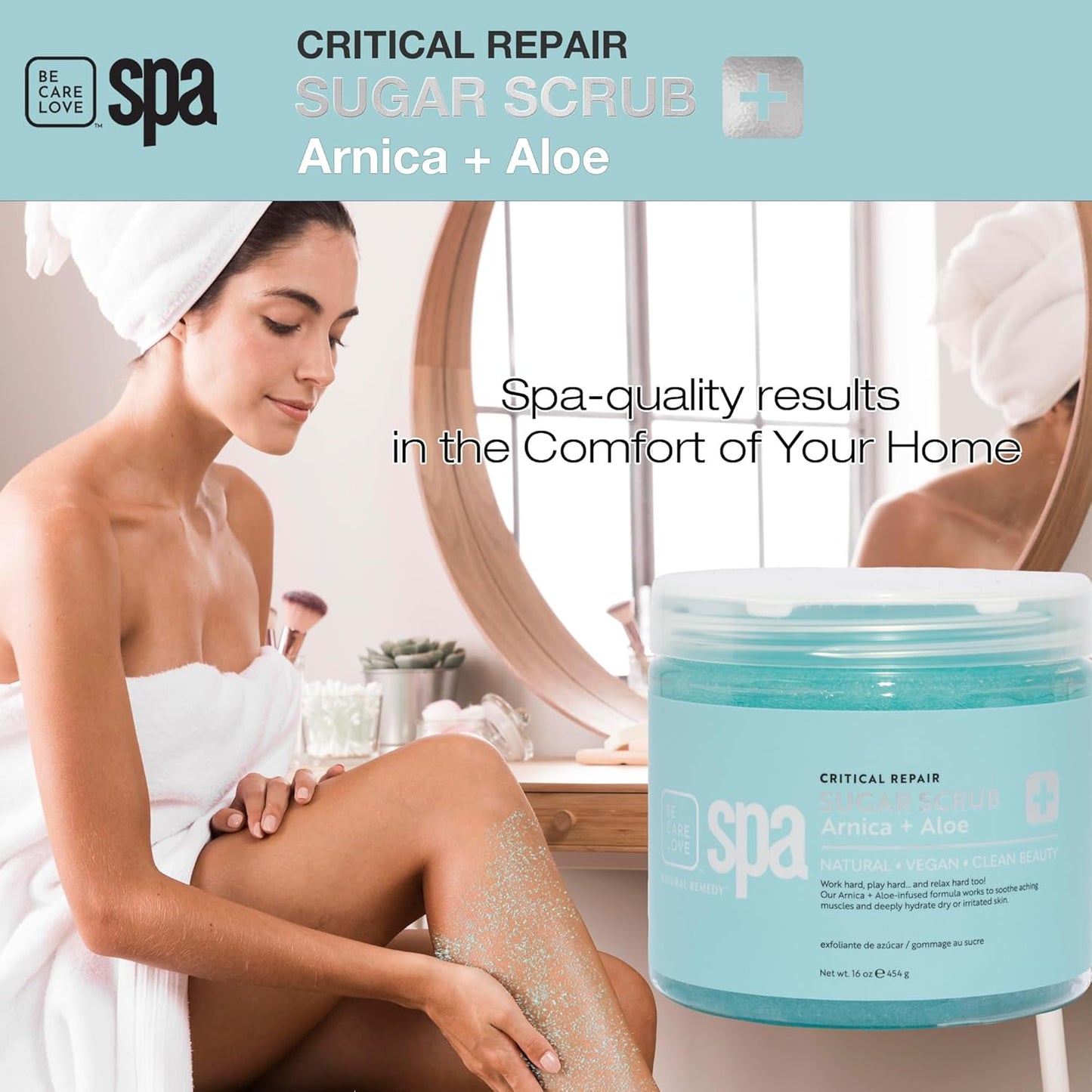 BCL Spa Critical Repair organic sugar scrub with Arnica and Aloe Vera, Hydrating & Exfoliating Body Scrub, Soothing & Nourishing organic botanical extracts & oils for hands, body, and foot spa, 16 oz