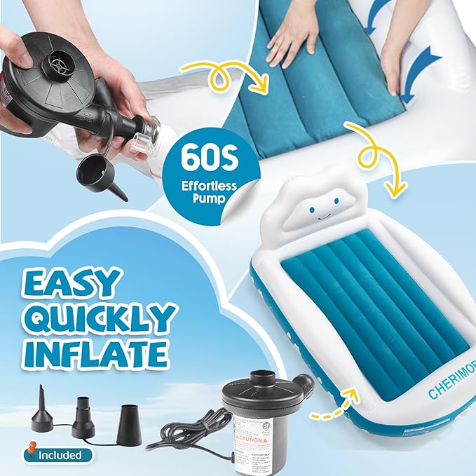 Inflatable Toddler Travel Bed, Portable Kids Air Mattress with 4-Sides Safety Bumpers & Electric Pump, Toddler Blow Up Mattress Bed for Travel Camping Grandma's Sleepovers, Gift for Kids
