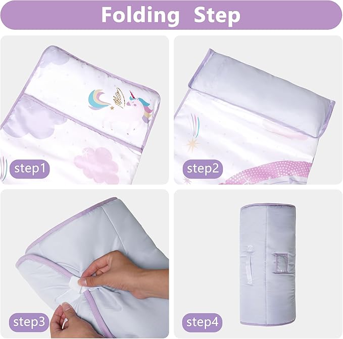 Toddler Nap Mat with Pillow and Minky Blanket 55''x35'' Toddler Sleeping Bag for Daycare, Preschool Travel Camping Mat Nap Mat for Boys and Girls