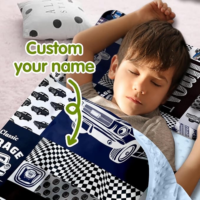 Personalized Toddler Nap Mats for Preschool, Custom Name Kids Sleeping Bag for Daycare, Roll Up Sleeping Mat with Removable Pillow and Soft Dot Minky Blanke for Boys Camping Travel