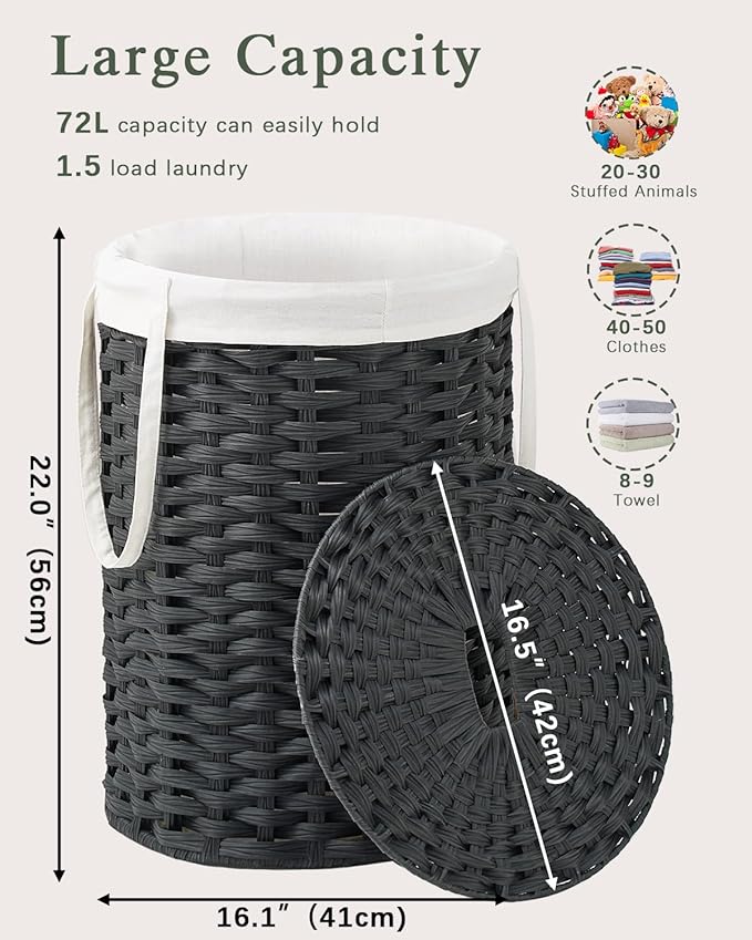 Laundry Hamper with Lid Laundry Basket with Lid 19.0 Gal (72 L) Round Wicker Laundry Basket Handwoven Rattan Basket with Lid Removable Bag 2 Mesh Bags Handles for Living Room Bathroom Black