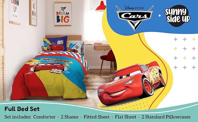 Disney Pixar Cars Lightning McQueen Full Comforter Set - 7 Piece Kids Bedding Includes Comforter, Sheets & Pillow Cover - Super Soft Racecar Microfiber Bed Set