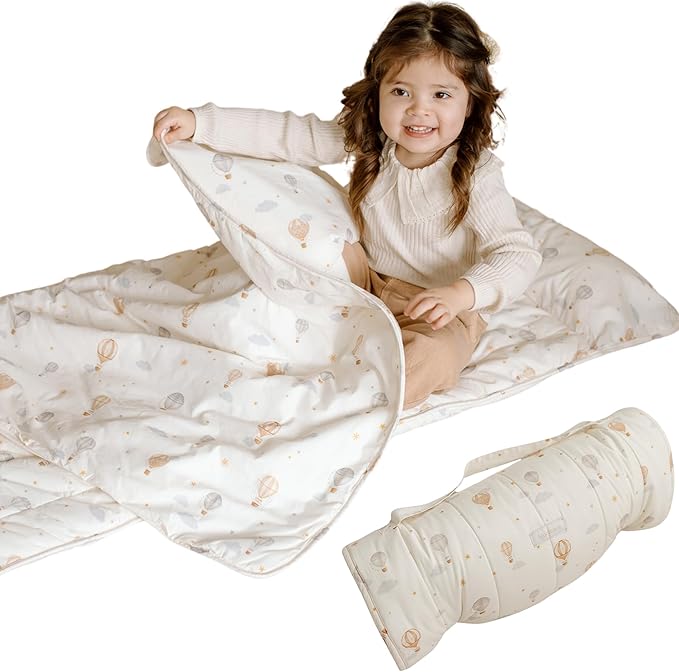 Organic Toddler Nap Mat – 100% Cotton Kids Washable Sleeping Mat & Detachable Pillow – Sleeping Bag with Soft 1.5” Pad – Ideal Nap Mat for Daycare, Preschool, & Sleepovers