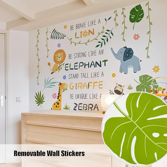 Cute Jungle Theme Wall Stickers Removable Animal Forest Wall Decals Elephant Monkey Lion Giraffe Zebra Peel and Stick Tropical Wall Art Decor for Nursery Bedroom Classroom (Green)