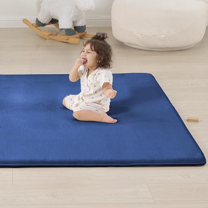 1.3" Thick Baby Floor Play Mat 39x59, Basic Padded Foam Mat for Tummy Time Crawling, Non Slip Cushioned for Babies Toddlers Infants Kids (Blue)
