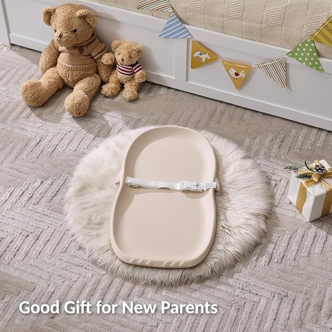 Luxury Little Portable EVA Baby Changing Pad Waterproof Changing Pad for Diaper Changes,Dressing,Baby Massage & Moisturizer Application,Soft & Non-Slip,Adjustable Safety Belt,Penguin Design,Beige
