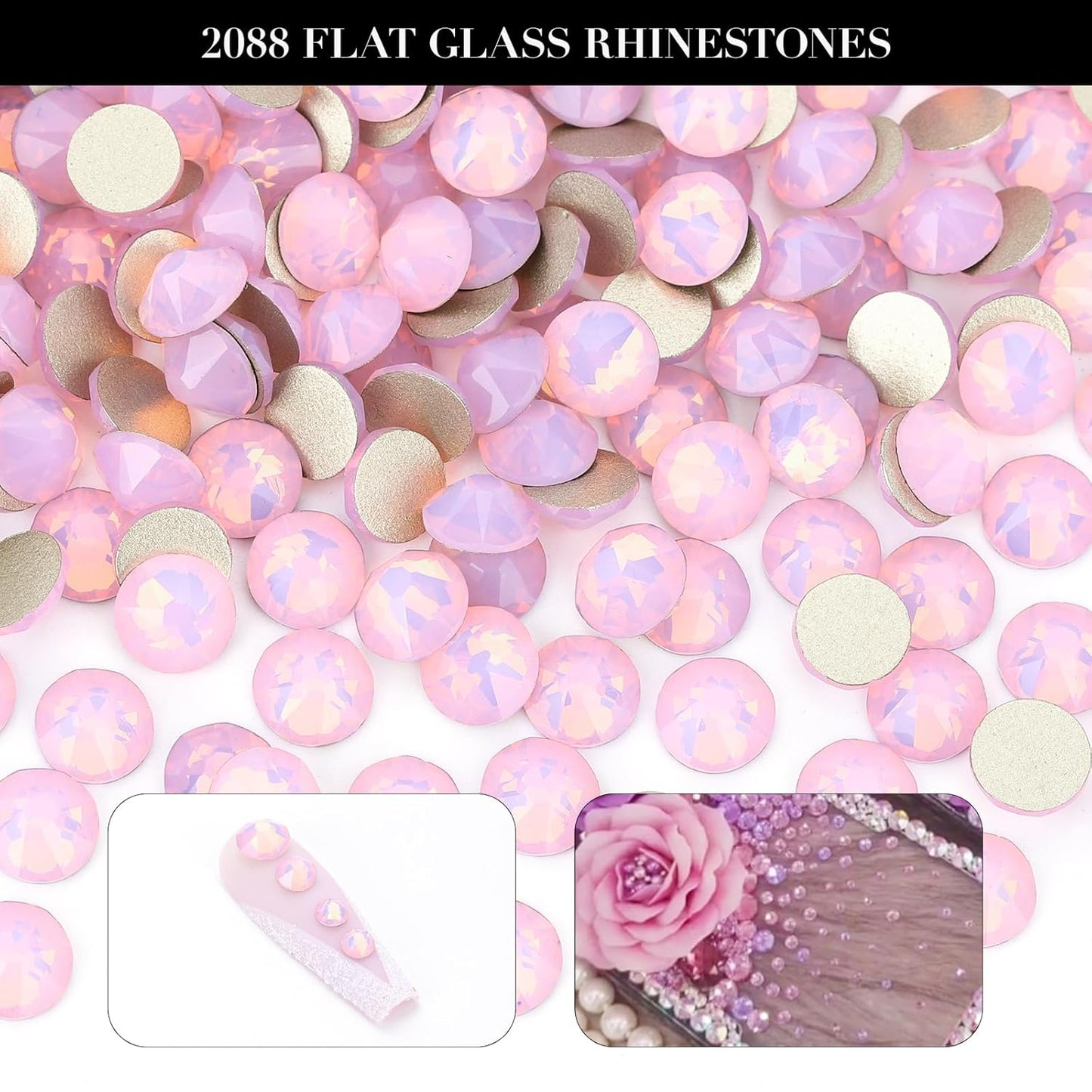 Novani Pink Opal Rhinestones 1440pcs Flat Back Round Rhinestone Style 2088 Sparkly Crystal Gemstones for Nail Art and Crafting SS20,4.6-4.8mm