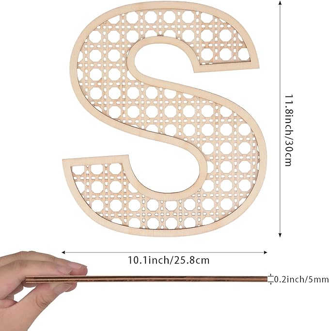 Large Boho Wooden Rattan Letters 12 inch for Nursery Decor Wood Letter S Wall Decors for Baby Girl Boy Bedroom Home Rustic Name Sign Birthday Wedding Decorative Letters