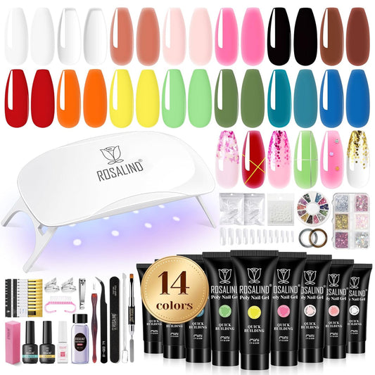 ROSALIND Poly Nail Gel Colors Kit -14 Colors +72 Nail Art Accessories kit Poly Nails Gel Kit Starter Kit with Mini UV Lamp Slip Solution Poly Nail Art Tools for Beginners with Everything