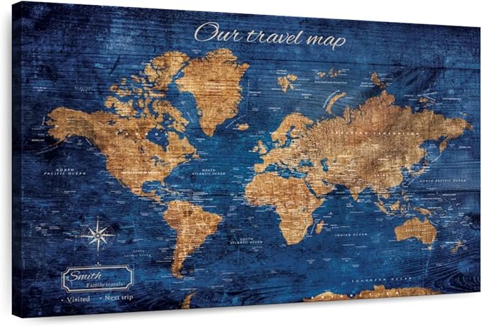 ElephantStock - Personalized Our Travel I Push Pin World Map Wall Art - Horizontal Canvas Wall Art - Living Room Wall Decor - Digital Art Map Canvas Art - Brown And Blue Decor - 36" x 24"