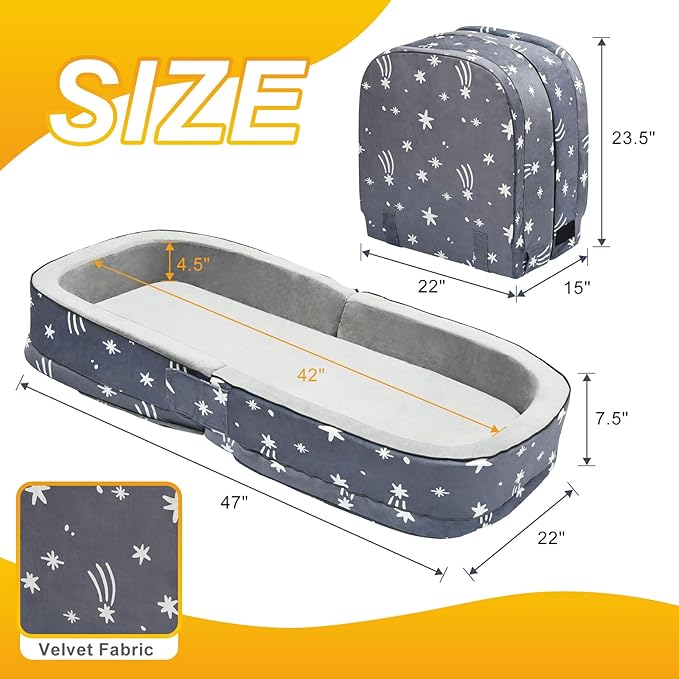 Lvimilio Portable Toddler Travel Bed, Foldable Kids Floor Bed for Home/Travel with Foam Mattres, Toddler Cot for Kids Aged 1-4, Velvet Fabric
