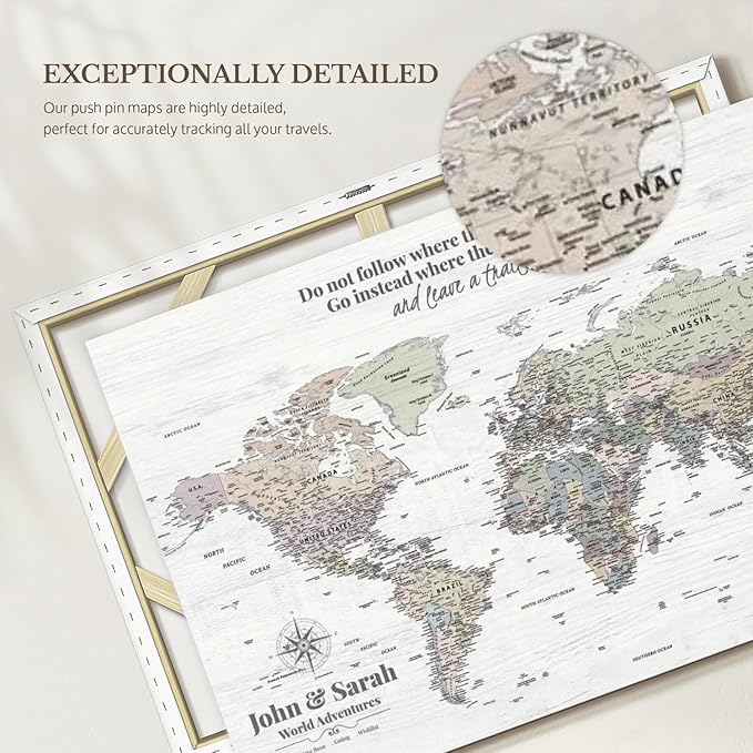 ElephantStock - Personalized Leave A Trail Iii Push Pin World Map Wall Art - Horizontal Canvas Wall Art - Living Room Wall Decor - Digital Art Map Canvas Art - White And Gray Decor - 36" x 24"