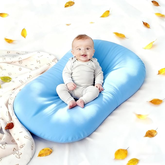 Baby Lounger 0-24 Months 100% Cotton-Snuggle Cozy Me Lounger,Soft & Breathable Tummy Time Mat for Newborn Infant Play Mat,Babies Essentials Gifts,Blue(Lounger Cover Included)