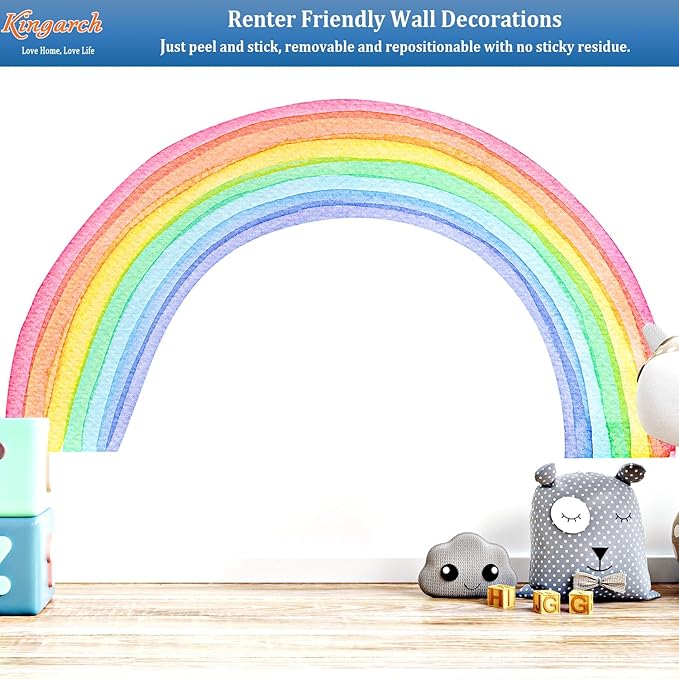 Large Watercolor Rainbow Wall Decals, Colorful Peel and Stick Vinyl Nursery Wall Decor, Removable Home Room Wall Decor Murals Stickers for Kids Girls Toddler Bedroom Living Room Playroom