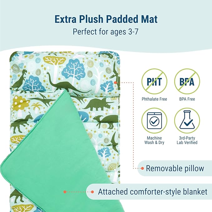 Wildkin Kids Original Nap Mat – Cozy Kids Sleep Mat with Pillow, Ideal for School & Travel - Dinomite Dinosaurs